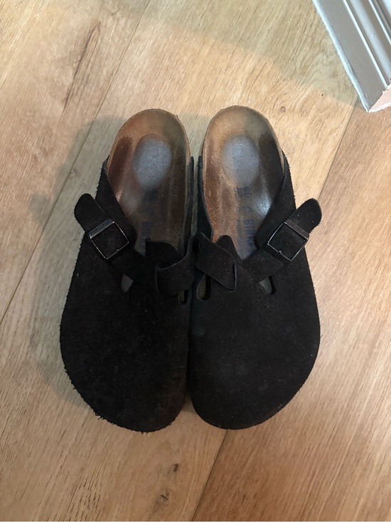 Birkenstock Shoes - Black Suede Slip-On Clogs with Buckle 40